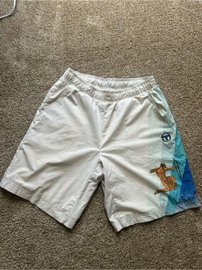 Men's White Swim Shorts with Blue Accent and Archer Graphic